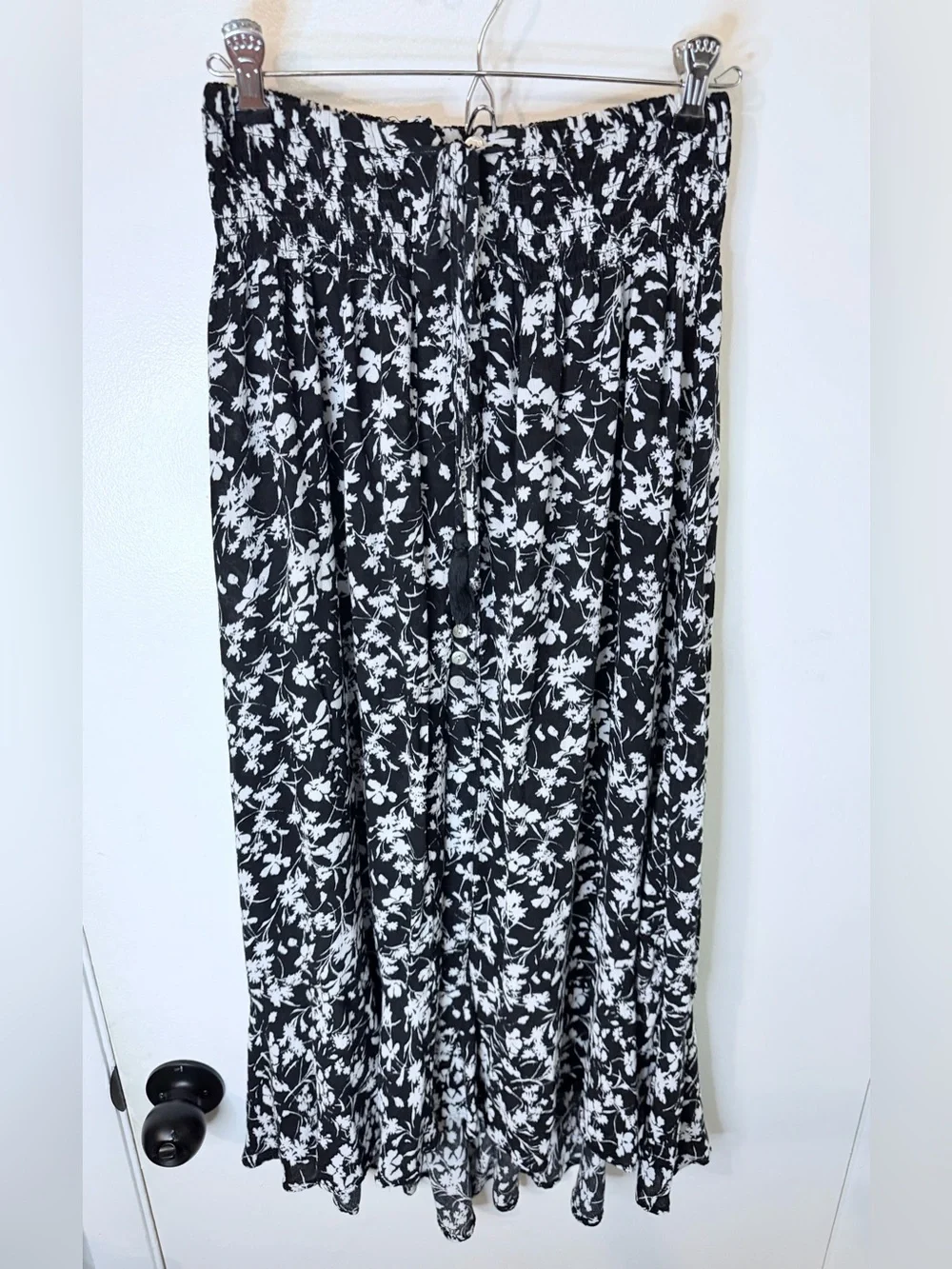 Rachel Zoe Boho Maxi Skirt  S Black Floral Smocked Waist  Button Up Cottagecore
